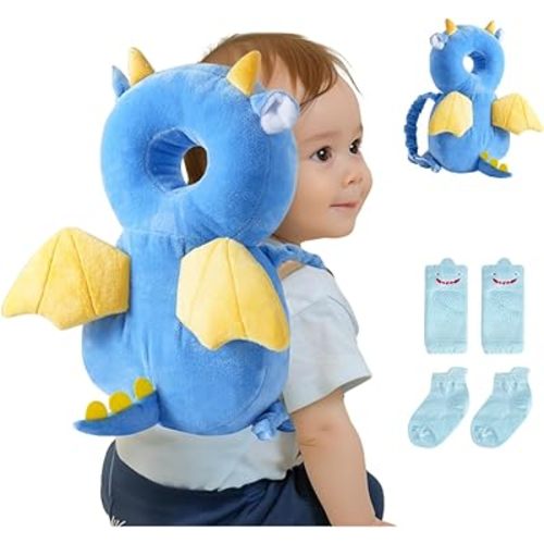 Baby Head Protector Backpack (9 to 24 Months) - Cute Head Guard Pillow with Knee Pads and Socks, Crawling and Walking Safety Set, Toddler Head Cushion Backpack, Blue