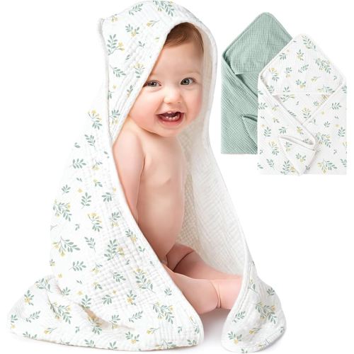 Konssy 2-Pack Muslin Hooded Baby Towels, 100% Cotton, Ultra-Soft & Absorbent Baby Bath Towels with Hood for Newborn & Infant (Green, Leafy,32" x 32")