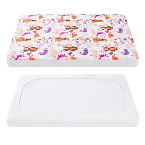 TILLYOU Pack and Play Sheet - Soft Quilted Crib Cover Pad, Toddlers Mattress Protector with 1''-3'' Deep Pocket, Thick Play Yard Playpen Sheets, Crib Mattress Pad 39"x27", Animal Graffiti