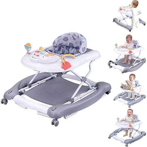 5 in 1 Foldable Baby Walker, Activity Baby Walker-Baby Bouncer, Rocker, Activity Center,Seat and Push Walker,Detachable Trampoline Mat, Adjustable Speed Rear Wheels and Height,Ages 6-18 Months(Grey)