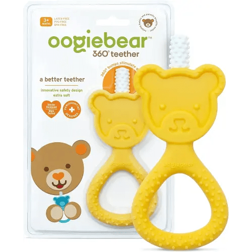 oogiebear 360˚ Teether - Safe Teething Toys for Babies 3 Months and Older | Soft Bristle Teddy Bear Silicone Teether | Super Soft BPA-Free Silicone - Yellow