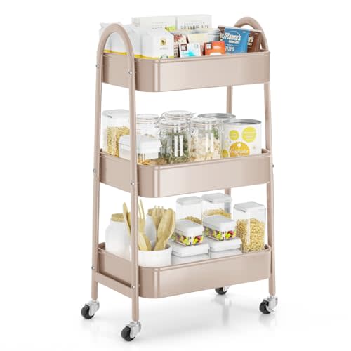 EAGMAK 3 Tier Rolling Cart, Large Metal Storage Cart with Handle and Lockable Wheels, Big Multifunctional Storage Organizer Trolley with Mesh Baskets for Kitchen, Living Room, Office, Garage (Beige)