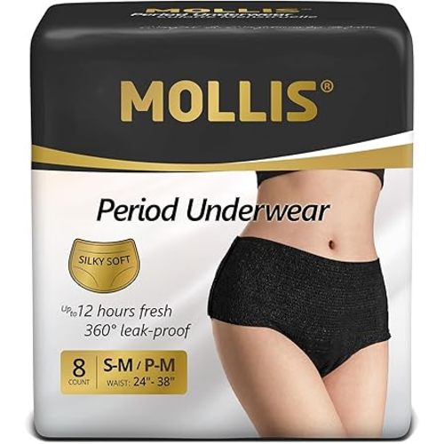 MOLLIS Disposable Period Underwear for Women, Postpartum Panties, Maternity Knickers Heavy Flow Leak Proof, Black,Small/Medium, 8 Count