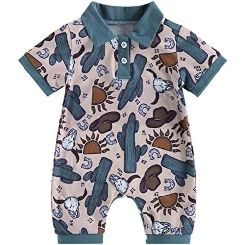 Amiblvowa Cute Western Baby Boy Summer Clothes Highland Cow Print Polo Romper Shorts Jumpsuit One Piece Outfits Cowboy