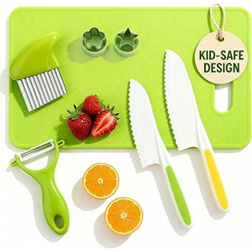7 Pcs Kids Knife Set for Real Cooking, Toddler Cooking Set Montessori with Recipes Book, Toddler Kitchen Tools for Cooking, Kids Cooking Sets Real - Cutting Board and Knife Set