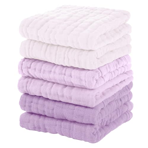 Unnivoll Muslin Baby Washcloths 6 Pack, 100% Cotton Wash Cloths for Babies, Large 12''X12'' Burp Cloths Absorbent and Soft for Newborn Infants Kids Boys Girls - Gradient Purple