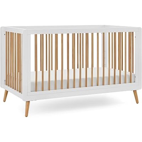 Tatum 3-in-1 Convertible Crib, White/Natural Finish, Solid Wood, Adjustable Mattress Height, Converts to Toddler Bed & Daybed, Fits Standard Full-Size Crib Mattress