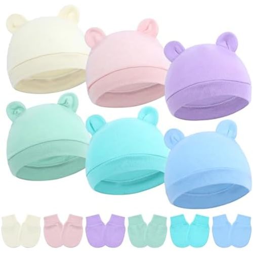 Cinaci 6 Sets Ear Turban Hats and No Scratch Mittens Caps Bonnets Gloves for 0-6M Unisex Baby Girls Boys Newborns Infants