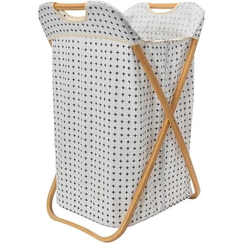 Household Essentials Bamboo X Frame Hamper with Cross Pattern, Black and White