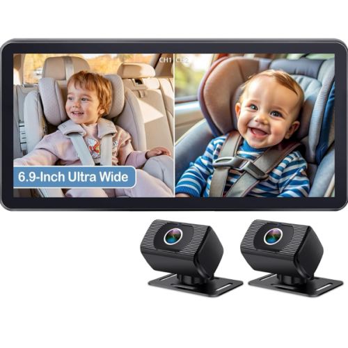 2-Kids Baby Car Camera for Seat: 6.9 Inch Ultrawide Display with Two Cameras Rear Facing - USB Powered Backseat Camera HD 1080P Easy to Install