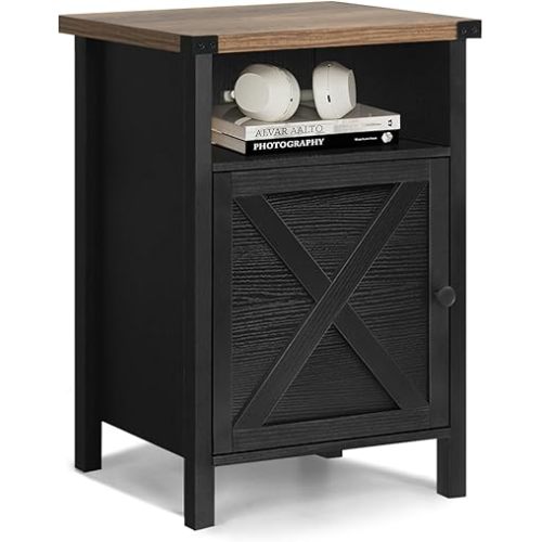 Black Farmhouse Nightstand, Side Table, End Table with Barn Door and Shelf, Rustic Modern Bed Night Stand for Bedroom, Living Room