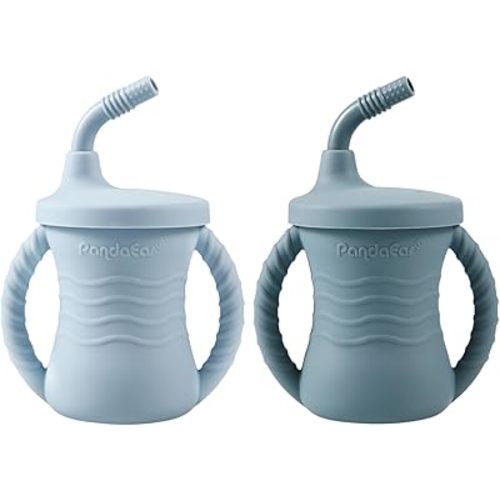 PandaEar Silicone Training Cup, 2 Pack Baby Drinking Sippy Cups with Handles & Straw for Baby and Toddler 6 Months+ (Dark Blue/Light Blue)