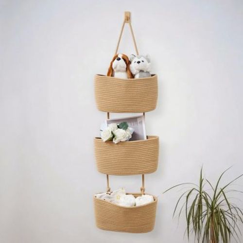VECELO Over the Door Hanging Basket, 3 Tier Wall-Mounted Hanging Storage Basket, Woven Cotton Wall Hanging Basket for Living Room or Entryways, Yellow