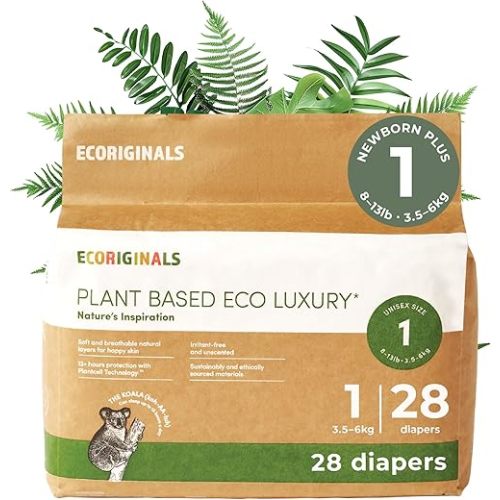 28 Eco Newborn Diapers - Baby Diapers with 100% Plant-Based Layers, Disposable & Hypoallergenic Baby Essentials for Newborns - Secure Fit Plus Size 1 Diapers (8-13 lbs), 1 Pack