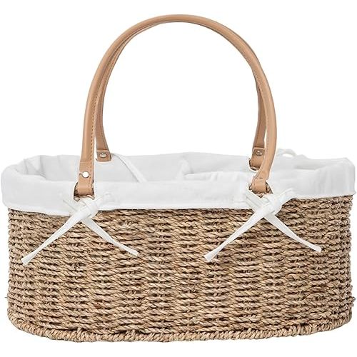 QINGTUHOME Handwoven Wicker Diaper Caddy Organizer, Multi - functional Baby Diaper Bag for Nursery & Home Storage, Detachable Lining, PU Handles, Baby Registry Must Haves (Seagrass)