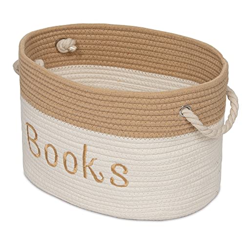 Rope Storage Basket - 15 x 11 x 9 Book Storage Bin - Embroidered Storage Bins - Tote Bin for Nursery, Playroom, Living Room, Classroom (Book Bin)
