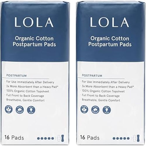 LOLA Organic Cotton Postpartum Pads - 32 Count, Ultra Absorbent and Extra Long Pads, Overnight and Full Coverage, Adult Incontinence Pad for Women, Postpartum Essentials