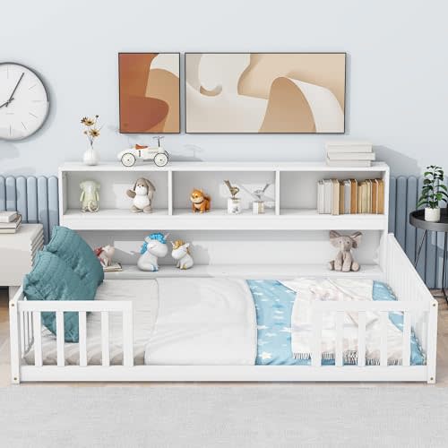 Oudie Full Size Floor Bed with Bedside Bookcase, Shelves, Wood Montessori Bed with Storage, for Kids Bedroom, No Box Spring Required, White