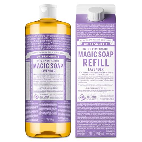 Dr. Bronner's Pure-Castile Liquid Magic Soap Bottle & Refill Carton - Made with Regenerative Organic Certified Oils, 82% Less Plastic-18-in-1 Uses for Face, Body Wash, Hand Soap Refill- Lavender,32oz