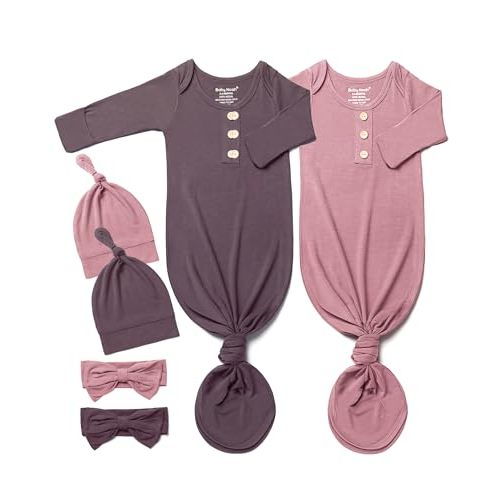 Baby Noah Newborn Knotted Gown Set with Hat and Headband, Soft Tie Bottom Newborn Sleepers for Baby Girl Boy (2 Packs)
