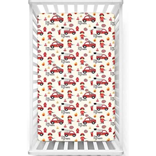 Fire Truck Themed Fitted Crib Sheet,Standard Crib Mattress Fitted Sheet Soft & Stretchy Fitted Crib Sheet-Crib Mattress Sheet or Toddler Bed Sheet, 28“ x52“,Multicolor