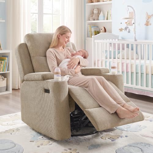 Power Nursery Glider Rocking Chair, Comfy Chenille Camel | 270° Swivel, USB & Type-C Ports, Cup Holder & Armrest Storage, Comfy Electric Glider Recliner Chair for Living Room & Nursery