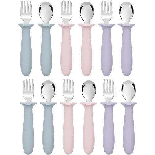 12 PCS Toddler Utensils Kids Silverware Set with Silicone Handle Children Food Grade 18/8 Stainless Steel Toddler Forks and Spoons Safe Anti-Choke Design Mirror Polished Sturdy Durable with 3 Colors