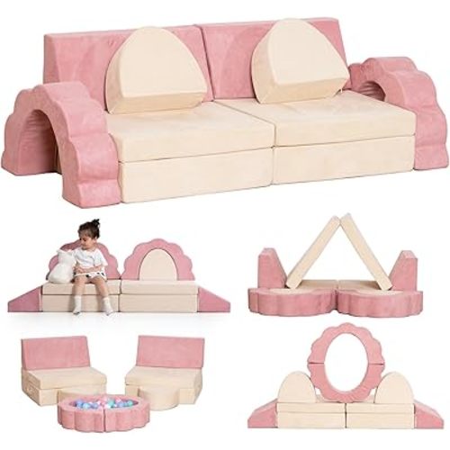 Kids Play Couch, 10-Piece Modular Sofa Set with Flower Shape for Toddlers | Convertible Sofa Washable Cover, Foldable Design for Forts & Creative Playroom Activities