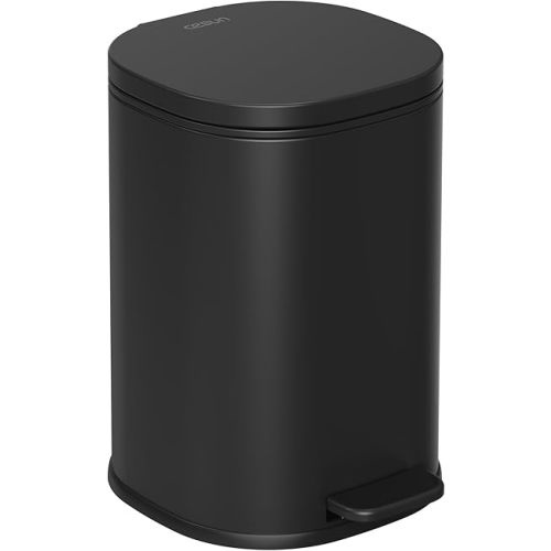 Cesun Black Bathroom Trash Can with Lid, 1.3 Gallon Small Garbage Can with Foot Pedal, Metal Round Wastebasket for Bathroom, Bedroom, Office, Matte Black