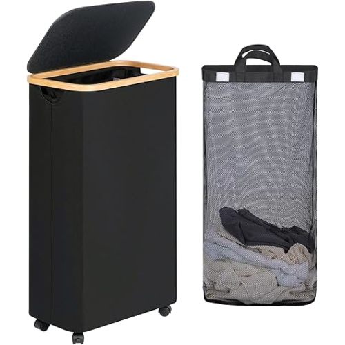 efluky Slim Laundry Basket with Wheels, Narrow Rolling Laundry Hamper with Lid and Removable Bag, Aesthetic Dirty Clothes Hamper on Wheels for Laundry Room, Bedroom, Dorm and Bathroom, 75L Dark Black