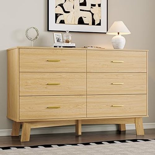 Dresser for Bedroom with 6-Drawer, 47.2" Modern Chest of Drawers with Metal Handles, X-Shape Base & Adjustable Center Leg, Anti-Tip Closet Organizers and Storage