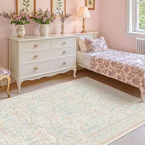 Blue and Pink Rug for Nursery Girls 5x7 - Baby Girl Bedroom Rug Non Slip, Soft Washable Thin Area Rug for Dorm, Floral Botanical Pastel Light Pink Cottage Decor Carpet for Kids Playroom, Living Room
