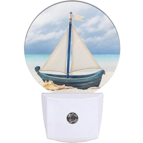 EKOBLA Nautical Night Lights Plug into Wall Sea Boat Ship on Beach Night Light LED Round Lamp for Coastal Room Decorations, 0.5W Nightlight Sleep Friendly