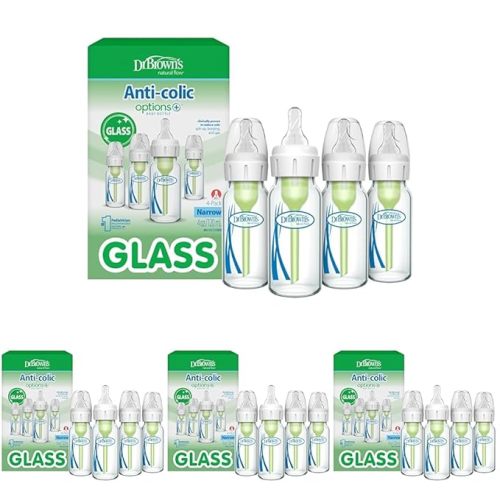 Dr. Brown's Anti-Colic Options+ Narrow Glass Baby Bottle with Level 1 Slow Flow Nipple, BPA-Free, 4 oz/120mL, 4-Pack
