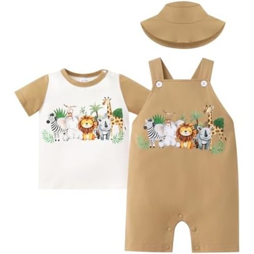 IBTOM CASTLE Baby Boy Jungle Safari Outfit Cake Smash Birthday T-Shirt + Short Overalls Jumpsuit + Hat 3pcs Clothes Set