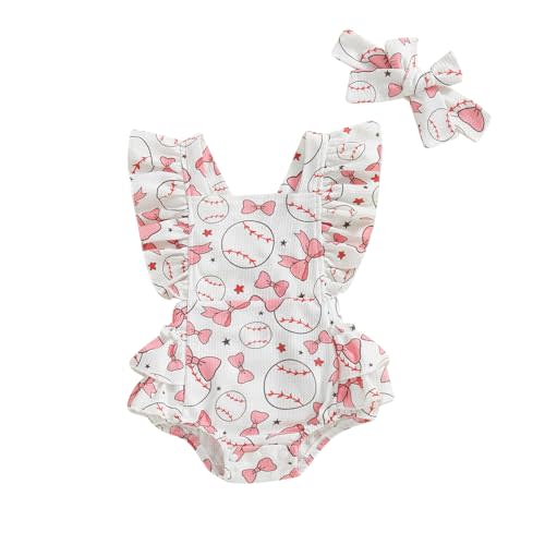 Newborn Baby Girl Baseball Outfit Baseball Bow Print Ruffle Sleeve Romper Cute Bodysuit Infant Summer Clothes