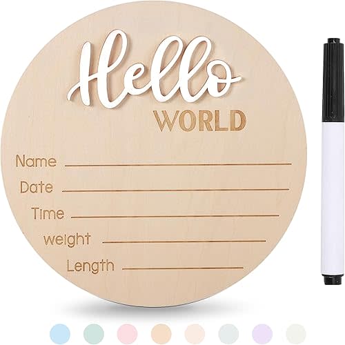 Baby Announcement Sign with Pen, 5.9 Inch Wooden Hello World Newborn Sign for Hospital, 3D Birth Announcement Board, Welcome Baby Name Signs for Nursery, Newborn Gift for Boy & Girl, White