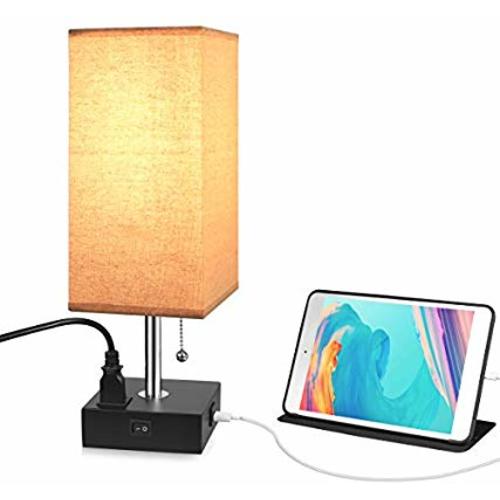 USB Table Desk Lamp with Outlet, USB Fast Charging Port Bedside Wooden Nightstand Lamp for Bedroom,Living Room,Office(Black Base)
