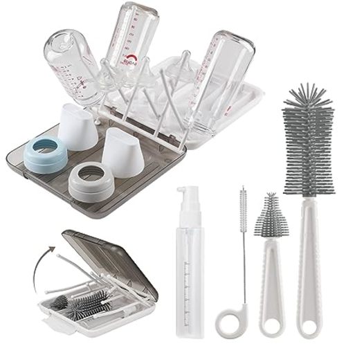 Baby Bottle Brush,6 in 1 Bottle Cleaner Set with Extendable Silicone Bottle Brush,Drying Rack,Nipple & Straw Brushes,Soap Dispenser & Organizer Case,Ideal Gifts for Babies& Moms