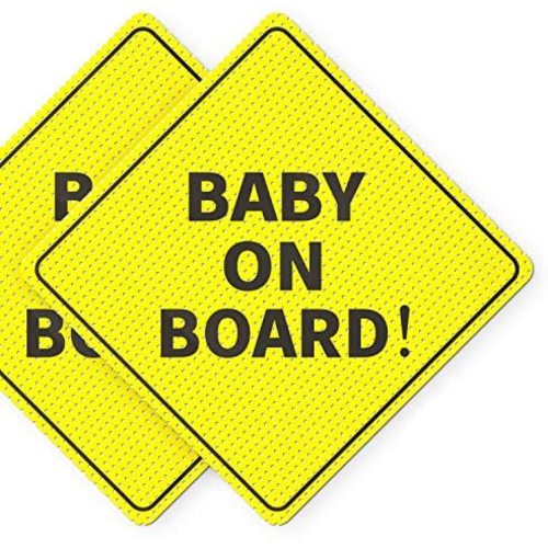 Baby On Board Sticker Sign - Essential for Cars - 2 Pack, 5" by 5" - Bright Yellow and SEE-THROUGH when Reversing - Best Safety Signs - No Need for Suction Cup or Magnet - Durable and Strong Adhesive