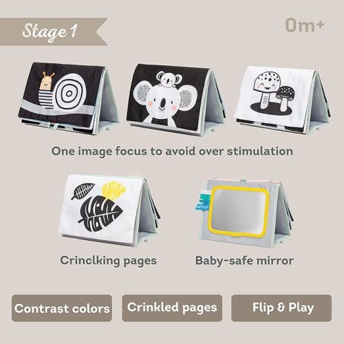 Tummy Time Toys High Contrast Baby Book. Fun, Interactive Crinkle Books for Babies with Baby Tummy Time Mirror & Soft Koala Teether - Baby Tummy Time Book by Taf Toys