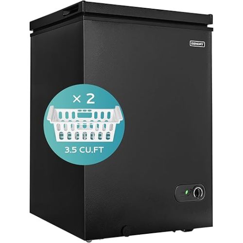 EUHOMY 3.5 Cu.Ft Chest Freezer with Removable Basket, Small Deep Freezer Adjustable 7 Thermostat, Quiet Mini Freezer Free-Standing Top Door, Energy Saving for Apartment/Garage/Basement/Dorm/Home,Black