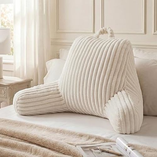 Blissful Diary Reading Pillow for Sitting in Bed, Flannel Back Pillow Bed Sitting Up for Adult & Children, Backrest Cushion for Sit Up in Couch or Floor, Dorm Essentials, Cream White