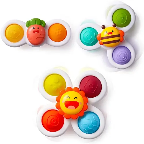 LiKee Strong Suction Cup Fidget Spinnerz Sensory Bath Toys for Baby 10 12 18 Months Airplane Car Travel Table & Window Toys for 1 2 Year Old Toddler Boys and Girls (Sun)