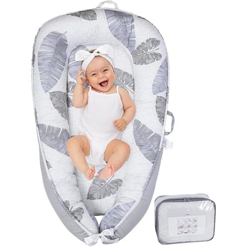 Baby Lounger Infant Lounger for New Born 0-36 Months, Portable Lightweight Soft Memory Foam Baby Nest Lounger, Comfortable Soft Breathable Baby Lounger Pillow (Grey Feather)