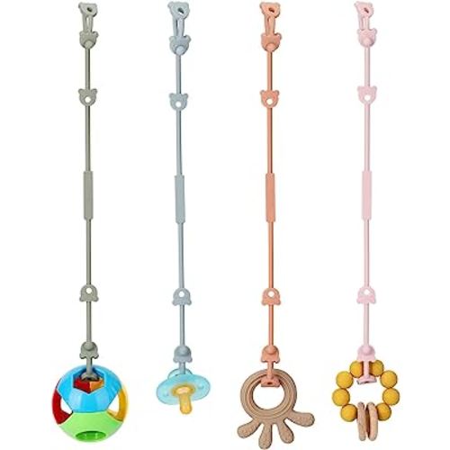 Toy Safety Straps, AULEGE 4 Pack Stretchable Silicone Pacifier Clips, Adjustable Baby Bottle Toy Teethers Harness Straps for Strollers, High Chair, Hanging Baskets, Cribs, Shopping Trolley, Car Seat