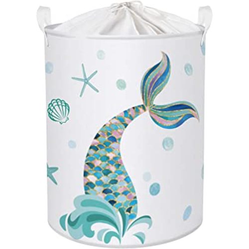 Clastyle 45L Adorable Kids Mermaid Laundry Hamper Blue Seashell Starfish Collapsible Laundry Basket with Drawstring Waterproof Sea Theme Toys Storage Basket with Handle, 14 * 17.7 in