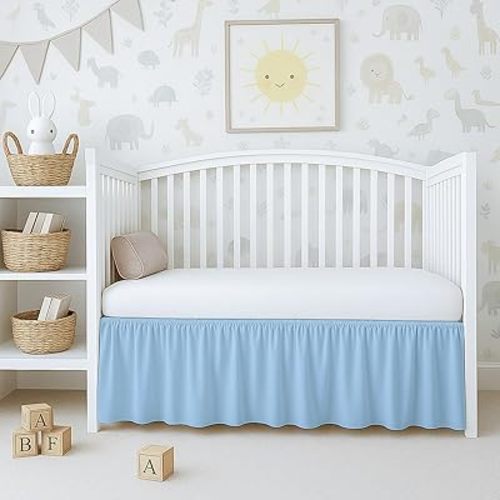 Cottington Lane Light Blue Crib Skirt Dust Ruffle, 100% Natural Cotton, Soft, Durable Nursery Crib Toddler Bedding Skirt for Baby Girls or Boys, Fits Standard Cribs 28" x 52" with 14" Drop