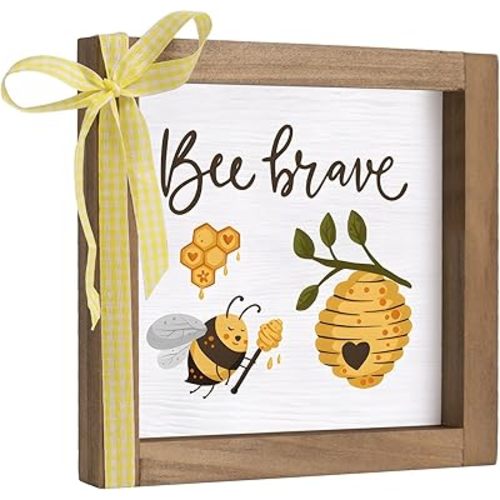 Wooden Bee Sign, 6 Inch Honeycomb Bee Themed Wall Decor, Nursery Kitchen Bathroom Room Table Shelf Tiered Tray Desk Rustic Farmhouse Decoration For Home