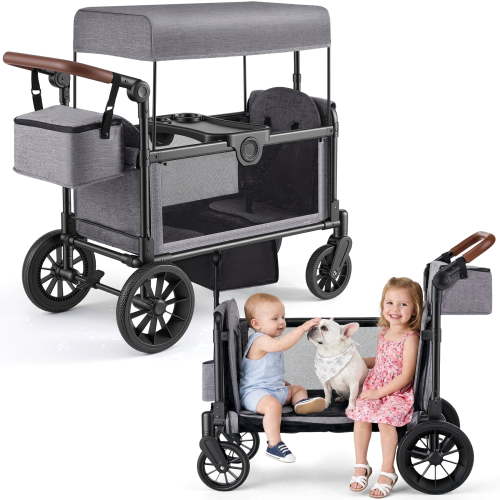 HARPPA 2 Seater Wagon Stroller, Double Baby Wagon Stroller with 5-Point Harness, Canopy, Bench Seat, Gray
